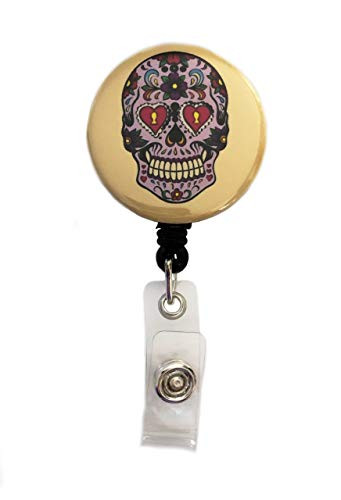 Colorful Sugar Skulls Retractable Badge Reel ID Badge Holder (Design 1)