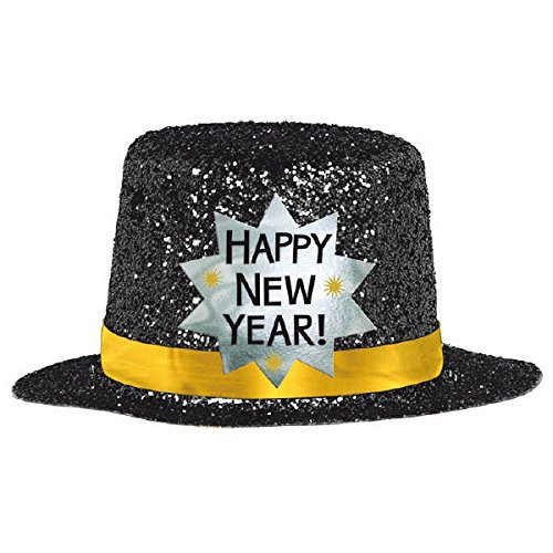amscan New Year Mini Black Glitter Plastic Top Hat | Party Accessory
