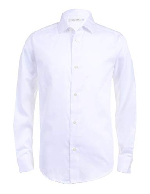 Calvin Klein Boys' Little Long Sleeve Sateen Dress Shirt, White, 7