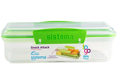 Sistema Snack Attack To Go 410ml / 13.86oz Two compartments Lunch Box Container, Green, 7.5L x 3W x 2.4H - Pack 2