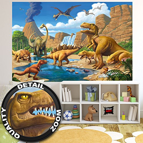 GREAT ART Wallpaper Childrens Room Dinosaur Adventure  Wall Decoration Dino World Comic Style Poster Prehistoric Animals Waterfall (82.7x55 Inch)