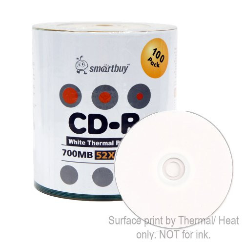 Smart Buy CD-R 100 Pack 700mb 52x Thermal Printable White Blank Recordable Discs, 100 Disc, 100pk