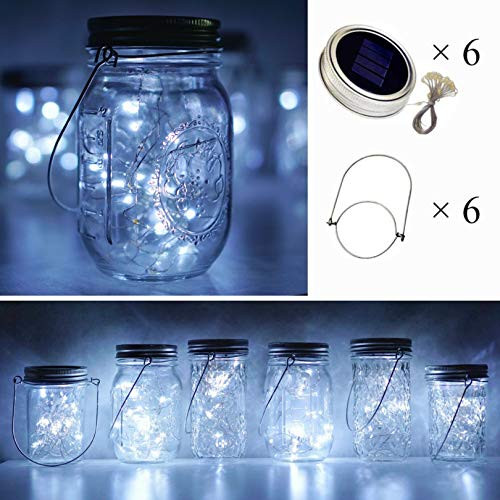 Cynzia Solar Mason Jar Lid Lights, 6 Pack 10 LED Waterproof Fairy Star Firefly String Lights with 6 Hangers (Jar Not Included), for Mason Jar Garden Wedding Party Decor(Cold White)