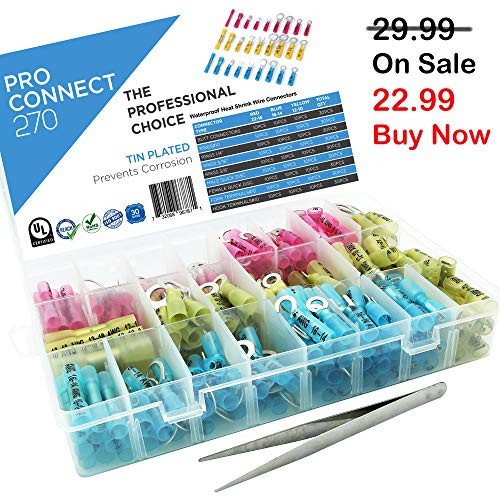 270Pcs Heat Shrink Wire Connectors Terminals, Waterproof Wires Connector Insulated Automotive Marine Electrical Terminal Kit(22-16 AWG, 16-14 AWG, 12-10 AWG) Solderless Crimper Butt Splice Wiring Kit