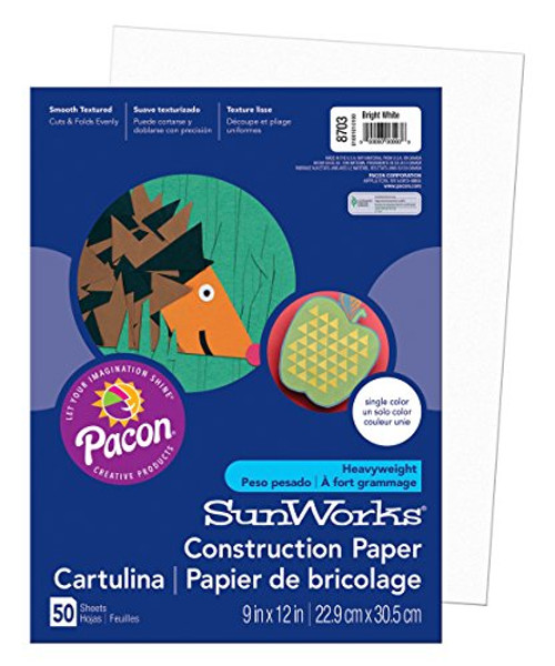 SunWorks Construction Paper, Bright White,  9" x 12", 50 Sheets