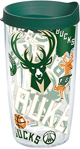 Tervis 1276758 NBA Milwaukee Bucks All Over Tumbler with Wrap and Hunter Green Lid 16oz, Clear