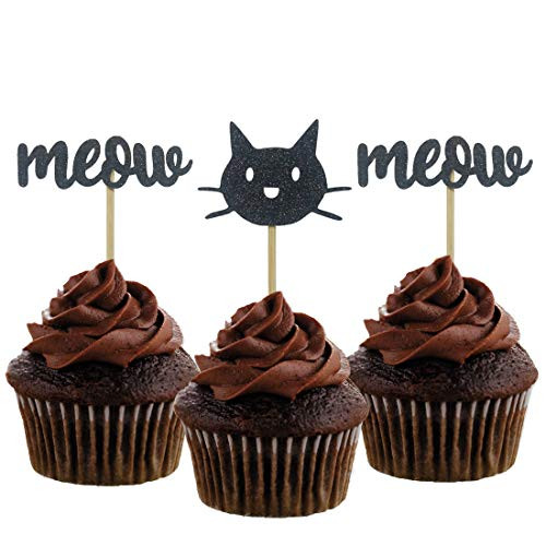 Morndew 24 PCS Black Glitter Kitten Cat Meow Cupcake Topper for Baby Shower Birthday Party Wedding Party Decorations