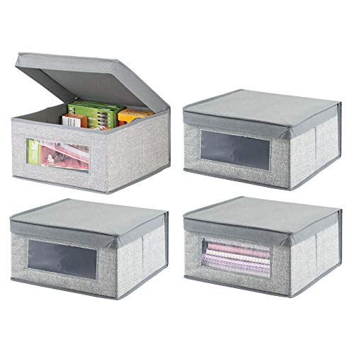 mDesign Soft Stackable Fabric Closet Storage Organizer Holder Bin with Clear Window, Attached Lid - for Home Office, Den, Hallway, Entryway - Textured Print - Medium, 4 Pack - Gray