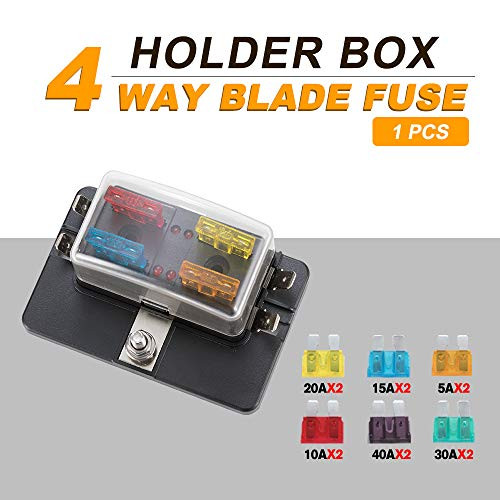 BUNKER INDUST 4-Way Blade Fuse Box with LED Indicator for Blown Fuse,Fuse Block Holder Box with Protection Cover for Car Boat Marine Automotive,Include 12Pcs Blade Fuses