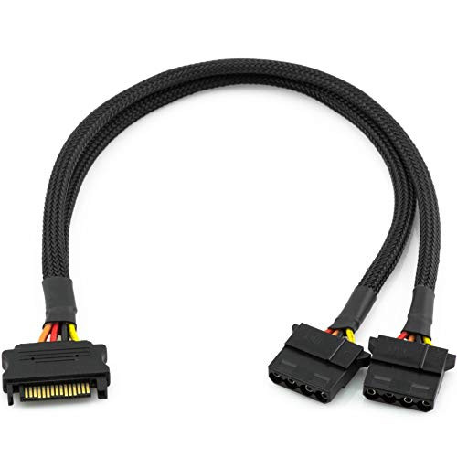 CRJ 15-Pin Male SATA to Dual 4-Pin Female Molex Power Y Splitter Adapter Black Sleeved Cable CRJ 15-Pin Male SATA to Dual 4-Pin Female Molex Power Y Splitter Adapter Black Sleeved Cable
