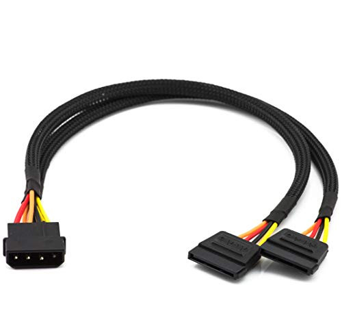 CRJ 4-Pin Molex Female to Dual SATA 15-Pin Female Power Connectors Sleeved Y Splitter Cable