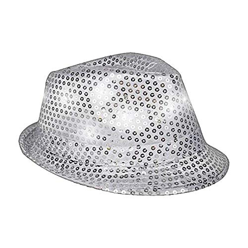 Fun Central O750 Silver LED Sequin Fedora, LED Light Up Hat, LED Sequin Fedora Hats for Women, Fedora Hats for Men