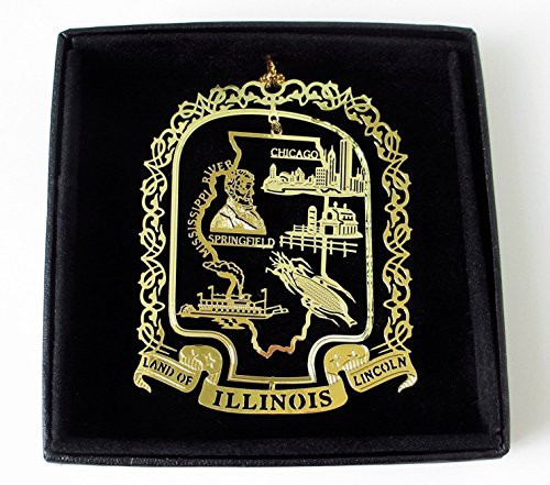 Illinois State Brass Ornament Black Leatherette Gift Box Illinois State Brass Ornament Black Leatherette Gift Box