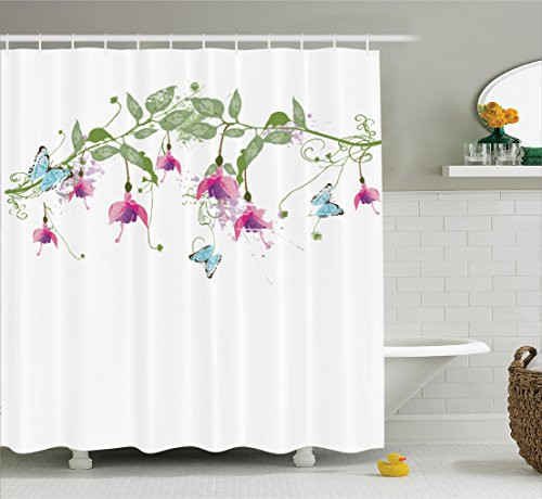 Ambesonne Flower House Decor Collection, Decorative Creeping Bellflower and Butterflies on Branch with Leaves Floral Print, Polyester Fabric Bathroom Shower Curtain, 75 Inches Long, White Green Ambesonne Flower House Decor Collection, Decorative Creeping Bellflower and Butterflies on Branch with Leaves Floral Print, Polyester Fabric Bathroom Shower Curtain, 75 Inches Long, White Green