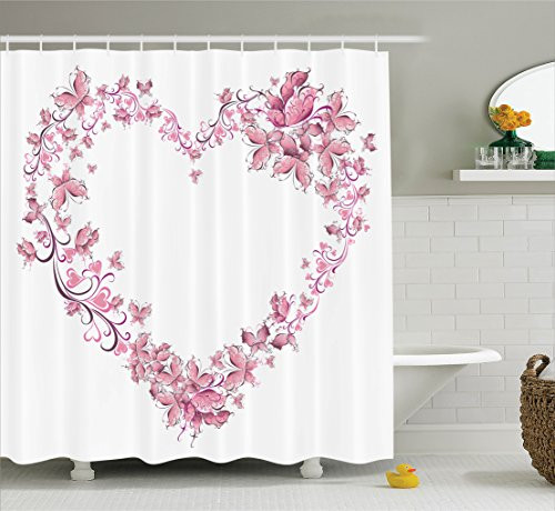 Ambesonne Love Decor Collection, Floral Love Shape Heart of Butterflies Valentine Day Flowers Ornamental Design Print, Polyester Fabric Bathroom Shower Curtain, 75 Inches Long, Pink Purple White Ambesonne Love Decor Collection, Floral Love Shape Heart of Butterflies Valentine Day Flowers Ornamental Design Print, Polyester Fabric Bathroom Shower Curtain, 75 Inches Long, Pink Purple White