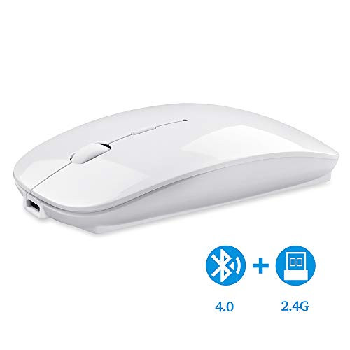 Bluetooth Wireless Mouse, Dual Mode Slim Rechargeable Wireless Mouse Silent Cordless Mouse with Bluetooth 4.0 and 2.4G Wireless, Compatible with Laptop, PC, Windows Mac Android OS Tablet (White)