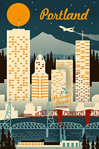Portland, Oregon - Retro Skyline (9x12 Art Print, Wall Decor Travel Poster)