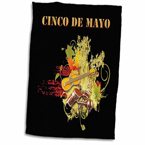 3D Rose Cinco De Mayo Maracas-Guitar-Bongos-Musical Notes Abstract Hand Towel 15" x 22" Black