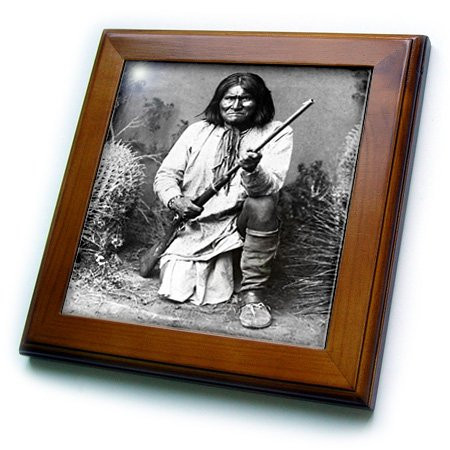 3dRose ft_98646_1 Vintage Photo of Geronimo in Black and White Framed Tile, 8 by 8-Inch
