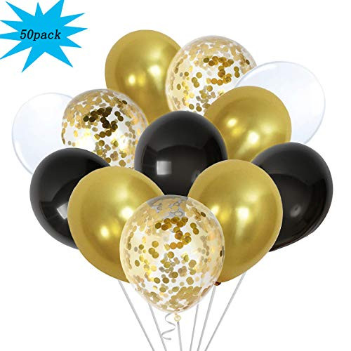 50 Pack Gold Confetti Balloons Metallic Gold Black Balloons, 12 inch White Pearl and Gold Party Balloons for Graduation Wedding Bridal Birthday Decorations