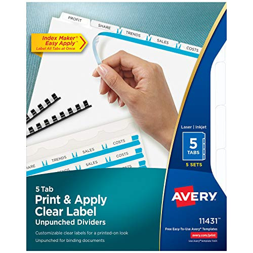 Avery 5-Tab Unpunched Binder Dividers, Easy Print & Apply Clear Label Strip, Index Maker, White Tabs, 5 Sets (11431)