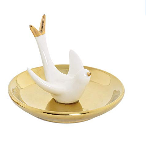 Item White Ceramic Flying Swallow on Yellow Jewelry Dish Ring Holder, 4.33