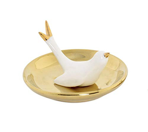 Item White Ceramic Resting Swallow on Yellow Jewelry Dish Ring Holder, 4.33