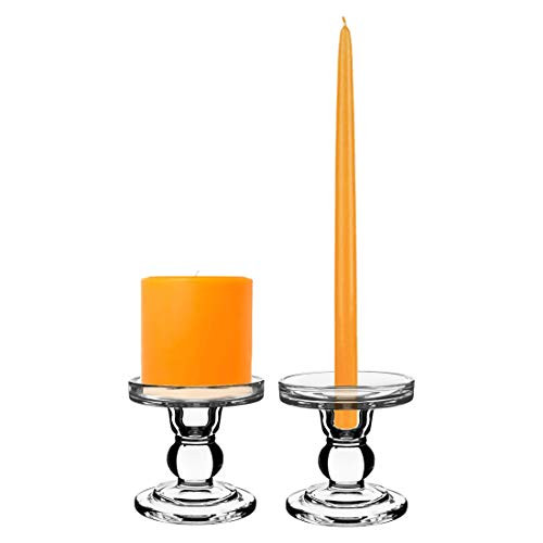 CYS EXCEL Glass Candle Holders for 3" Pillar or 3/4" Taper Candle. Candle Holder Height-3.5", Clear Glass, Wedding Decoration, Candlestick Pack of 2 PCS