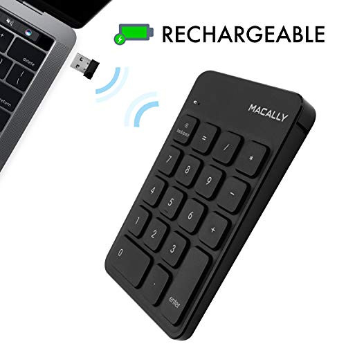 Macally 2.4G Wireless Numeric Keypad Keyboard for Laptop, Apple Mac iMac MacBook Pro/Air, Windows PC, or Desktop Computer with USB Receiver & Rechargeable 18 Key Slim Number Pad - Black