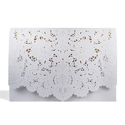 Z&LiGy 20pcs Wedding Invitation Cards - Laser Cut Gold Foil and Floral Design Invitation Pockets for Bridal Showers, Engagement Parties(White)