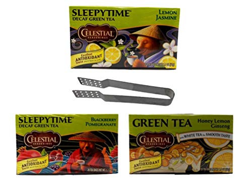 Celestial Seasonings Green Tea 3 Flavor Variety with Bag Squeezer Bundle, 1 Each: Blackberry Pomegranate, Honey Lemon Ginseng, Lemon Jasmine (20 Count Boxes)