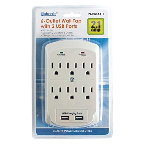Yubi Power 6 Outlet Power Plug Surge Protector Wall Tap with 2 USB Ports 2.1A 300 Joules - White