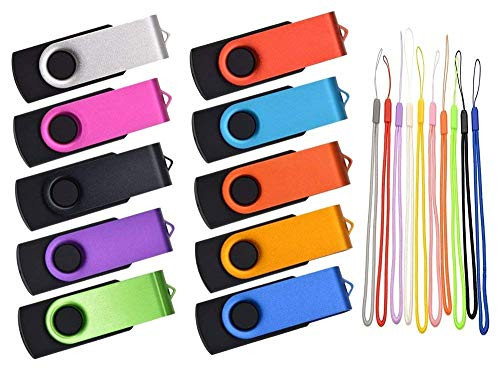 Thumb Drive 16GB 10 Pack USB Flash Drives Bulk, Kepmem Metal Swivel USB 2.0 Memory Stick Portable 16 GB Zip Drive with Free Multicolor Lanyards for Data Storage