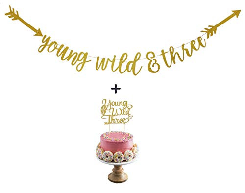 Young Wild & Three Gold Glitter Banner and Cake Toppers for Baby 3rd Birthday Party Decorations by Ucity Young Wild & Three Gold Glitter Banner and Cake Toppers for Baby 3rd Birthday Party Decorations by Ucity