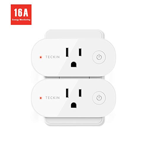 Smart Plug Wifi Outlet 16A Compatible With Alexa, Google Home and IFTTT, Teckin Mini Smart Socket with Energy Monitoring and Timer Function, No Hub Required, 2 PACK