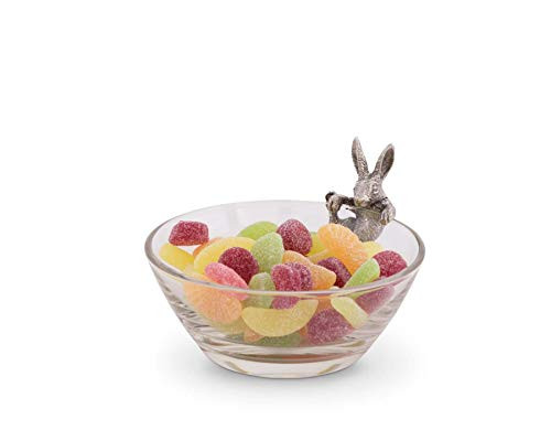 Vagabond House Glass Dip/Candy/Snack Bowl with Pewter Climbing Bunny: 5" Diameter; 3.5" Tall
