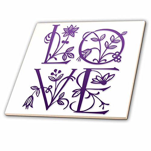 3dRose ct_30036_4 Love Floral Text Purple-Ceramic Tile, 12-Inch
