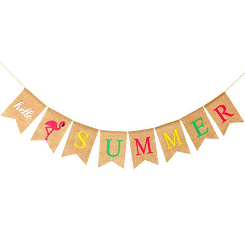 Hello Summer Burlap Banner,Flamingo Banner Summer with Garland Bunting Decorations,Summer Party Supplies for Pool Party, Barbecue Party,Beach Party Decorations