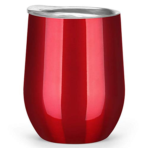 Insulated Stemless Wine Glass - Double Wall Vacuum Stainless Steel Tumbler with Lid - Egg Shape Travel Cup for Wine/Coffee/Drinks/Champagne/Cocktails/Ice Cream 12oz (Red)