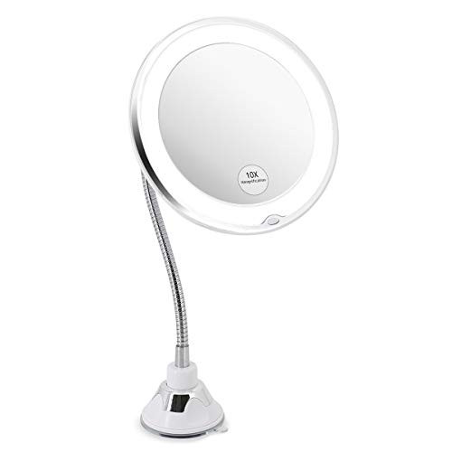 Glam Hobby Led 10X Magnifying Makeup Mirror Lighted Vanity Bathroom Square Mirror with 360 Degree Swivel Rotation, Flexible Gooseneck, and Locking Suction
