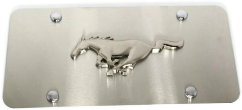 Ford Mustang Front License Plate Frame Logo on Satin Brushed Stainless Steel - Genuine Product