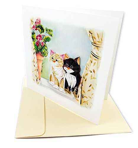 Two Cats Quilling Greeting Card, 6x6" with Envelope. Any Occasion. Blank Inside. Hand-made. Suitable for Framing.