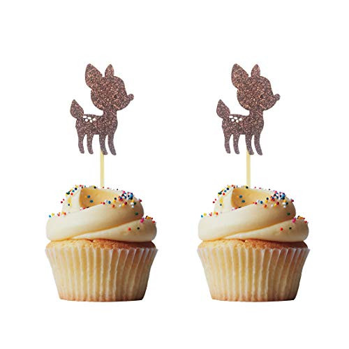 Morndew 24 PCS Gold Glitter Baby Deer Fawn Cupcake Toppers for Baby Shower Wedding Party Woodland Birthday Party Decorations