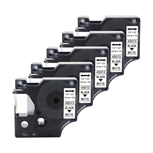 BOYEEZON 5-Pack Compatible Dymo D1 Label Tape 45013 S0720530 1/2 Inch x 23 Feet (12mm x 7m) Black on White Labeling Tape for DYMO LabelManager 160 210D 220P 260P 280 360D 420P 450