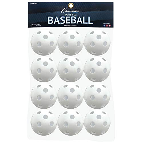 Champion Sports White Plastic Baseballs: Hollow Balls for Sport Practice or Play - 12 Pack