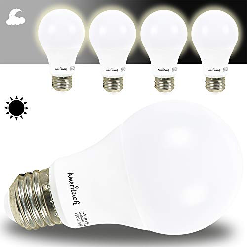 AmeriLuck Dusk to Dawn Auto On/Off LED Light Bulbs A19, 60W Equivalent (9W), for Porch Hallway Yard Patio Garage (5000K Daylight, 4 Pack)
