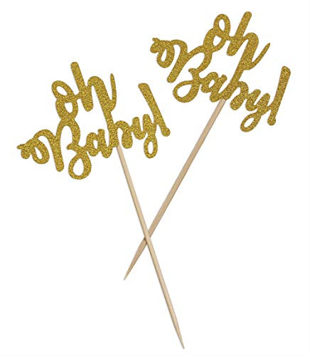 Penta Angel 24Pcs Gold Glitter Oh Baby Cupcake Toppers Cake Topper Baking Pick Sticks for Baby Shower Boy Girl Birthday Wedding Party Decorations (24 pcs)