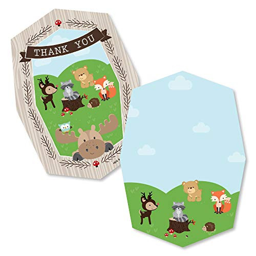 Woodland Creatures - Shaped Thank You Cards - Baby Shower or Birthday Party Thank You Note Cards with Envelopes - Set of 12