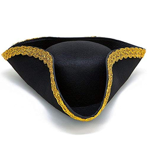 Toy Cubby Colonial Tricorn Hat - 17th Century Revolutionary War Pirate Hat Costume Accessory - Party Favor Dress up Hat - Single Pack - Black with Gold Trim