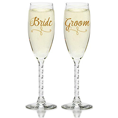 Bride & Groom Champagne Flutes - Elegant Wedding Toast Glass Set for Couples - Mr & Mrs Glasses With Gift Box for Engagement, Wedding, Anniversary (Gold)
